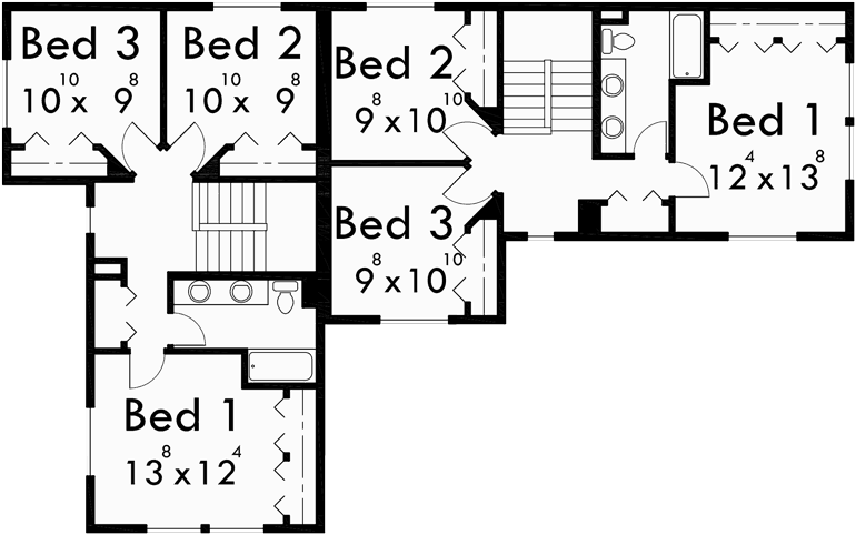 Upper Floor Plan for D-511 Corner lot duplex house plans, 6 bedroom duplex house plans, corner lot house plans, D-511