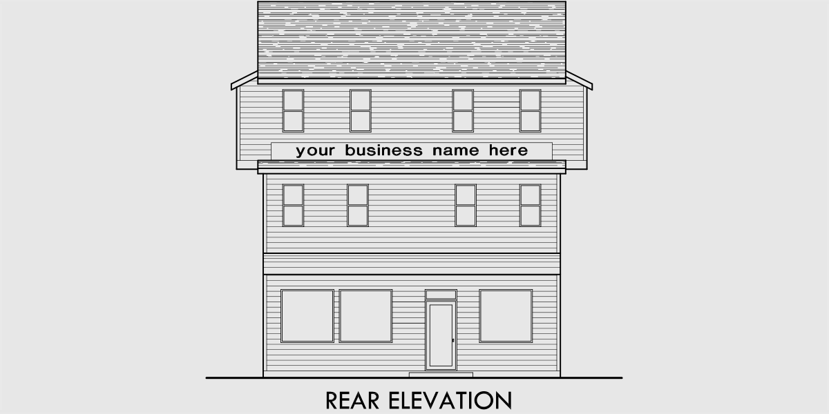 House front drawing elevation view for D-399 Duplex house plans, mixed use building plans, duplex plans with office, mixed use multifamily house plans, D-399