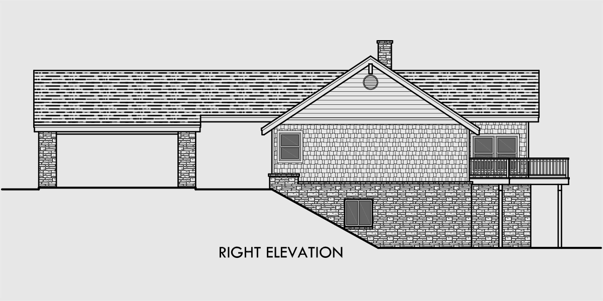 House rear elevation view for 10044 House plans with daylight basement, drive through portico, house plans with shop, basement rec room
