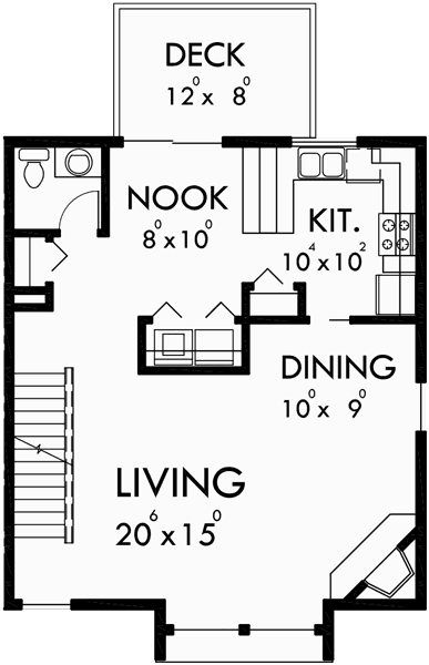 Main Floor Plan for 10026 Three Story House Plans, Narrow lot house plans, floor plans with window seats, House plans with Upper Deck, Narrow house plans with garage, 10026