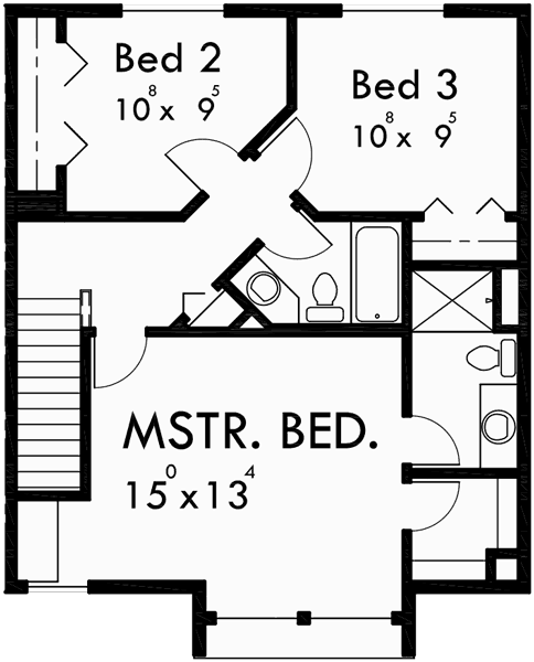 Upper Floor Plan for 10026 Three Story House Plans, Narrow lot house plans, floor plans with window seats, House plans with Upper Deck, Narrow house plans with garage, 10026