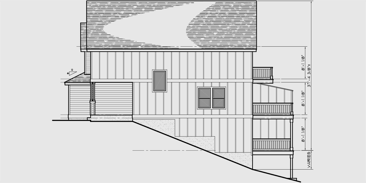 House rear elevation view for F-565 Fourplex house plans, daylight basement house plans, F-565, row house, townhouse