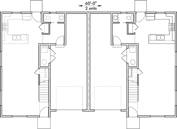 Main Floor Plan 2 for D-610 Affordable Narrow Duplex House Plan With 3 Bedrooms