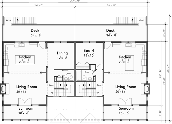 Main Floor Plan for D-657 Large Duplex Beach House Plan