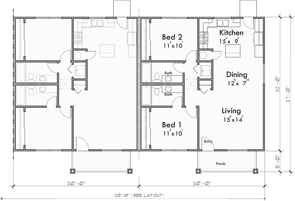 Main Floor Plan for F-618 One Level 4 Plex Townhouse Housing Plan: 2 Bed, 2 Bath F-618