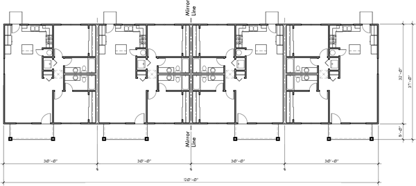 Main Floor Plan 2 for F-618 One Level 4 Plex Townhouse Housing Plan: 2 Bed, 2 Bath F-618