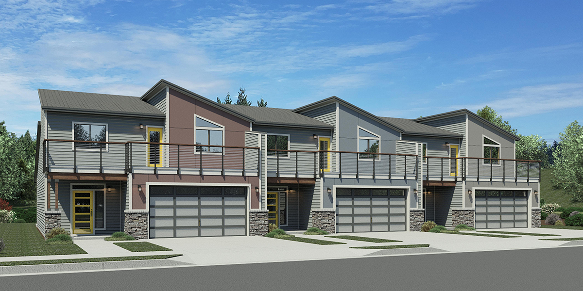 House front drawing elevation view for T-460 Triplex House Plan, Master Bedroom on Main Floor, Two Car Garage, T-460