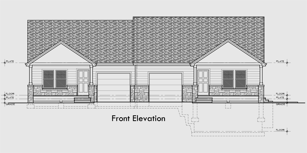 House side elevation view for D-777 Wheelchair accessible, wide doorways and halls, duplex plan, D-777