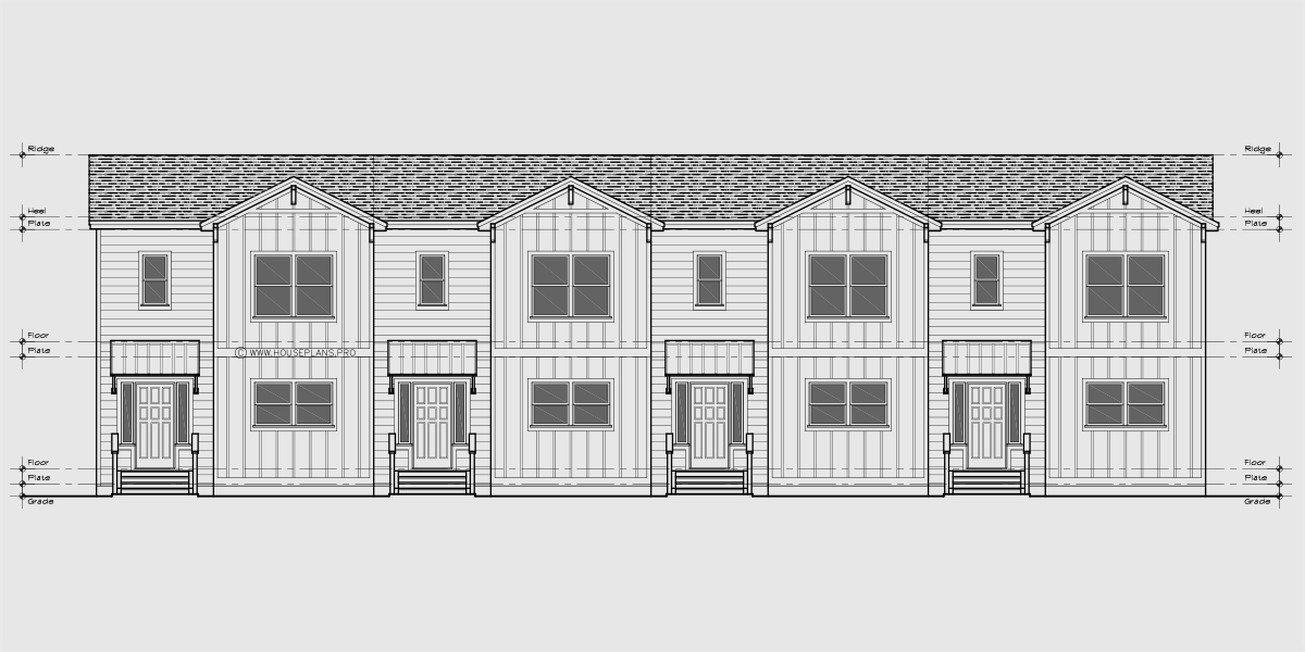 House side elevation view for F-692 Town house plan, triple master, amazing decks with views F-692
