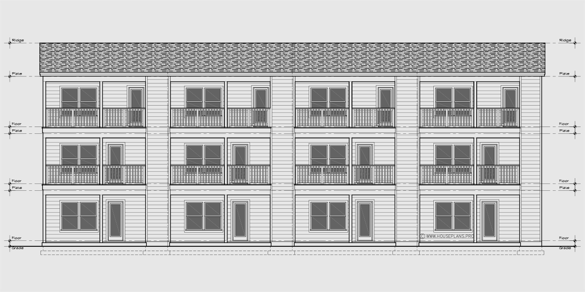 House rear elevation view for F-692 Town house plan, triple master, amazing decks with views F-692