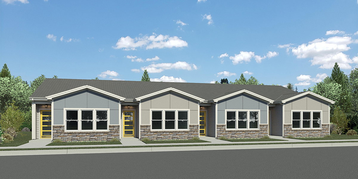 House rear elevation view for F-698 One level senior town house plan two bedroom two bath