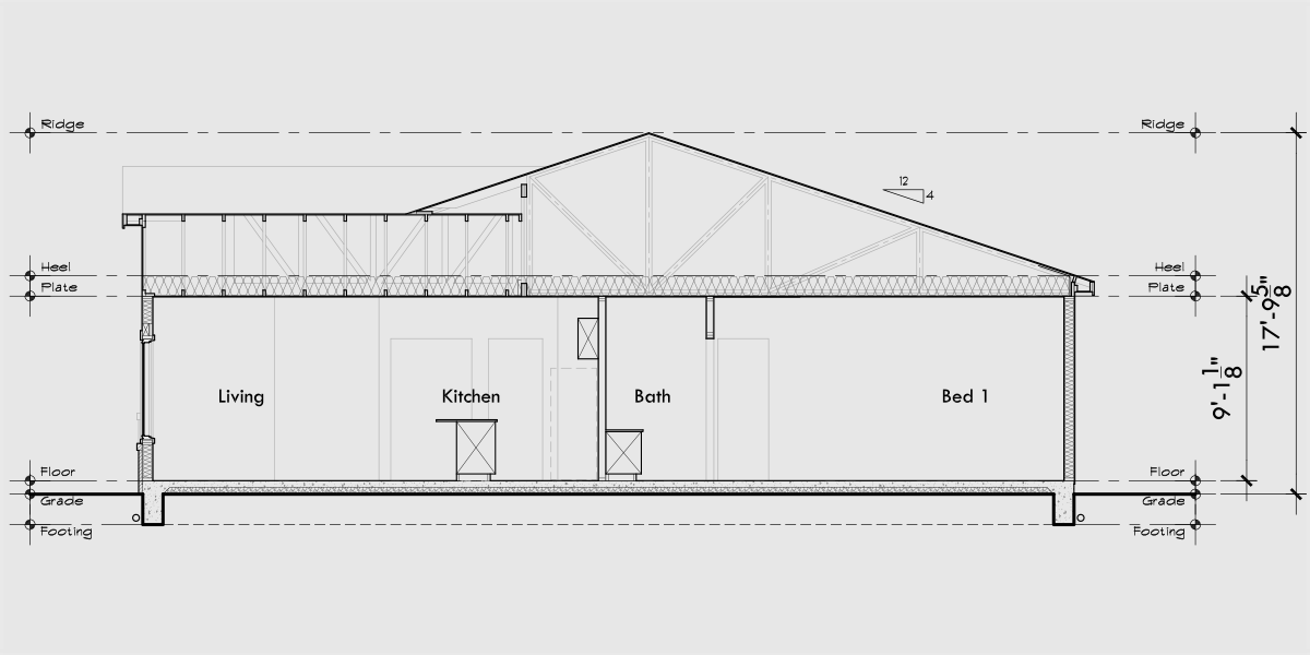House rear elevation view for F-698 One level senior town house plan two bedroom two bath