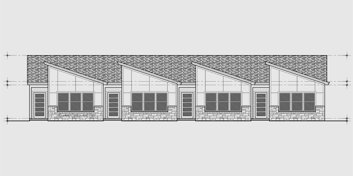House front drawing elevation view for F-698 One level senior town house plan two bedroom two bath