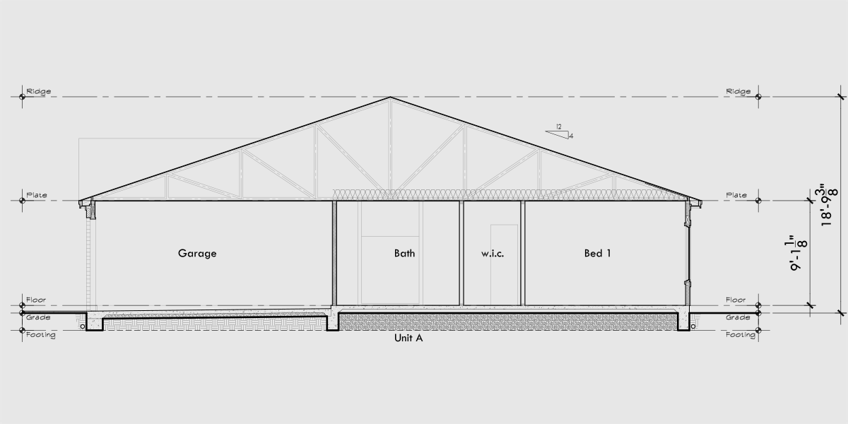 House rear elevation view for T-466 One level 2 and 3 bedroom town house plan T-466