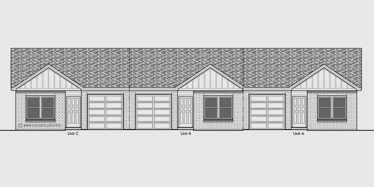 House front drawing elevation view for T-466 One level 2 and 3 bedroom town house plan T-466