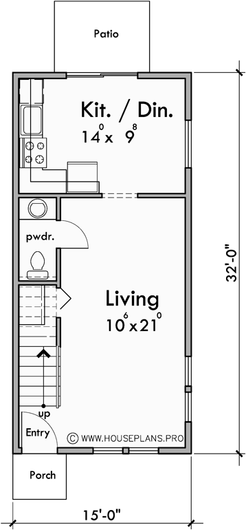 Main Floor Plan for FV-711 15 ft wide narrow town house plan FV-711