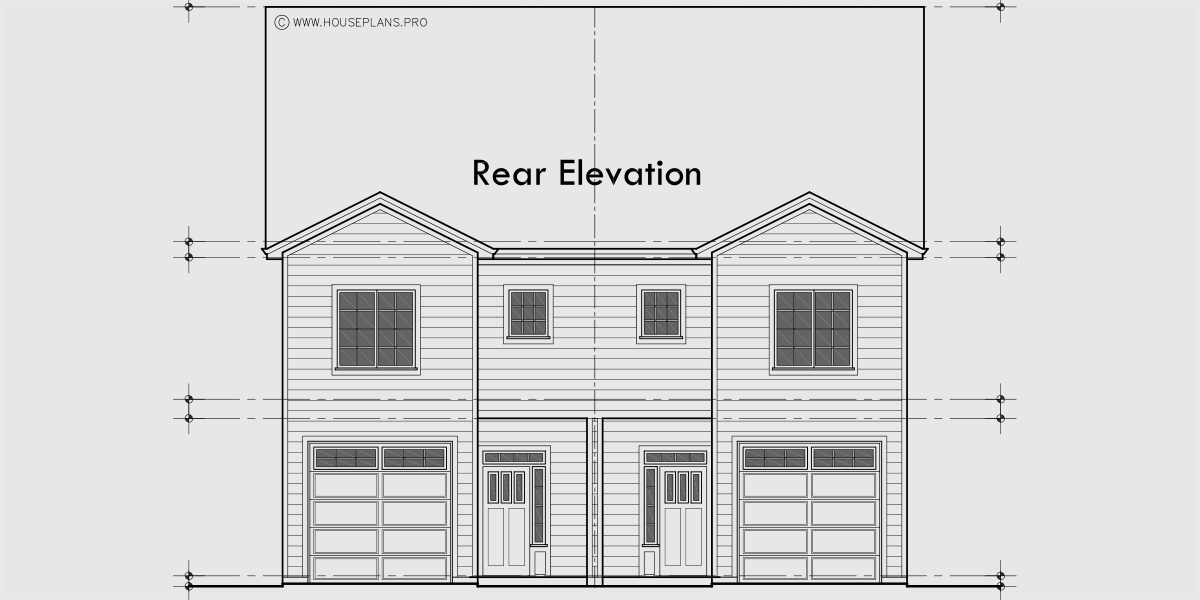 House rear elevation view for D-787 Luxury town house plan 3 bedroom 3.5 bathroom 