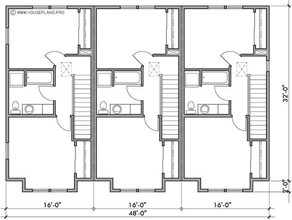 Upper Floor Plan 2 for 16 ft wide x 30 ft deep town house plan